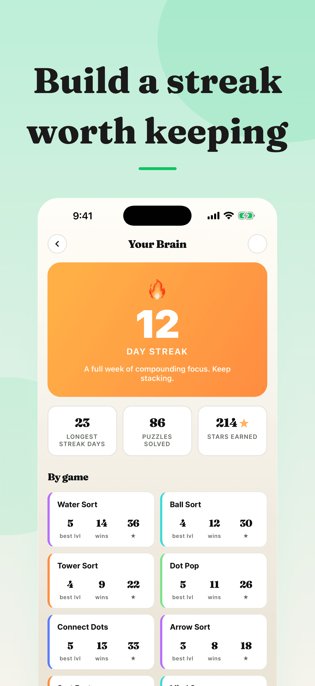 Brain Sort streak screen